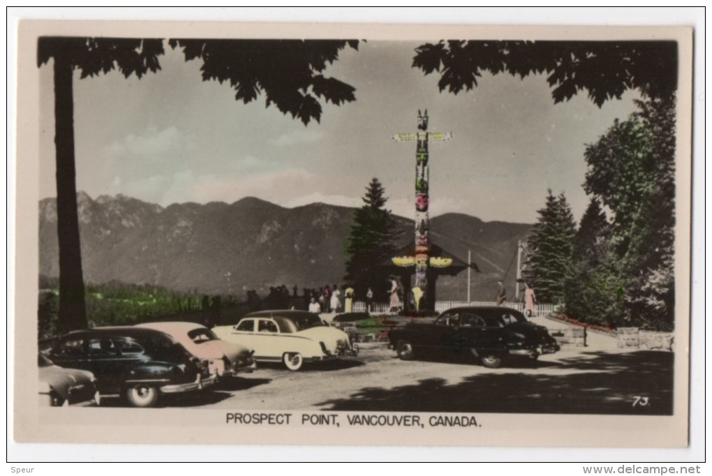 Vancouver, B.C. - Prospect Point, Totem Pole. Old Cars. Real Photo With Color Added, ± 1950 - Vancouver