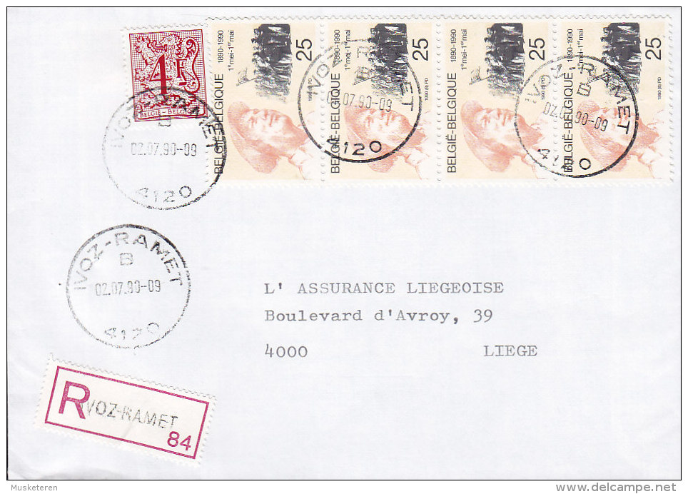 Belgium Registered Recommandé Einschreiben Label IVOZ-RAMET 1990 Cover Lettre To LIEGE 4-Stripe 1er Mai Workers Day - Briefe U. Dokumente