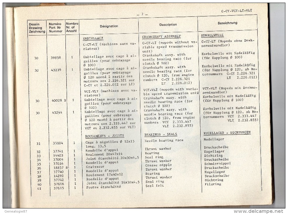 25 - BEAULIEU VALENTIGNEY - MONTBELIARD- BEAU CATALOGUE PIECES DETACHEES-CYCLES PEUGEOT C-CT-VCT-LT-VLT- 1967 - Motos