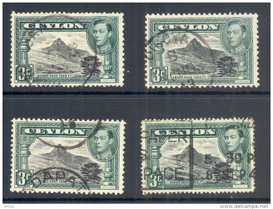 CEYLON, 1938 3c (P11&frac12;x11, P12, P13&frac12;, P14) VFU - Ceilán (...-1947)