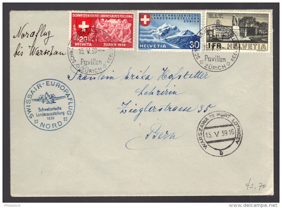 SUISSE 1939 Vol Swissair Zurich/ Varsovie N° 321, 322 & 310 Obl. S/Lettre Entiére - Premiers Vols