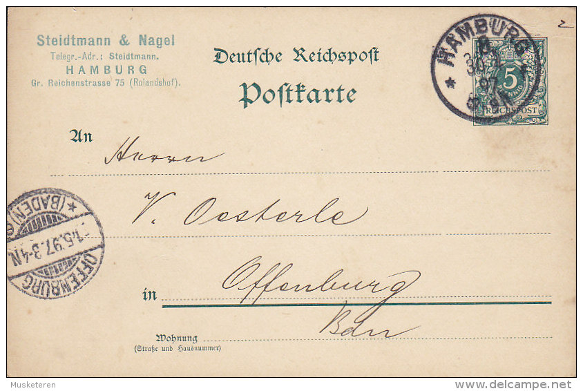 Deutsches Reich Postal Stationery Ganzsache PRIVATE Print STEIDTMANN & NAGEL, HAMBURG 1897 To OFFENBURG Baden - Cartes Postales