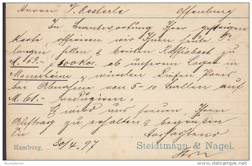 Deutsches Reich Postal Stationery Ganzsache PRIVATE Print STEIDTMANN & NAGEL, HAMBURG 1897 To OFFENBURG Baden - Cartes Postales