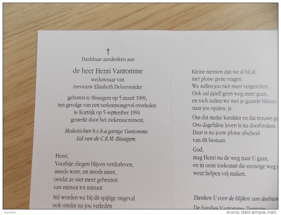 Doodsprentje Henri Vantomme Bissegem 5/3/1909 Kortrijk 5/9/1994 ( Elisabeth Deleersnijder ) - Religión & Esoterismo