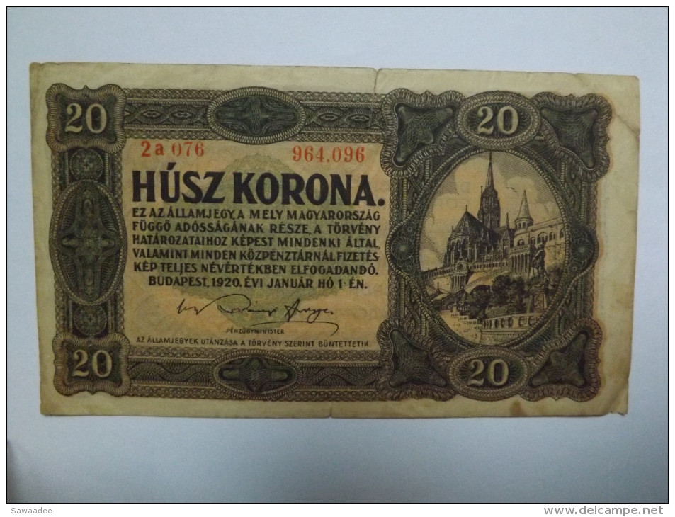 BILLET HONGRIE - P.61 - 20 KORONA - 1920 - EGLISE DE BUDAPEST - ARMOIRIE - Hungary