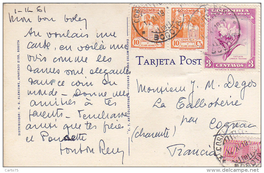 Colombie - Figuras Tipicas Colombianas - Folklore / Stamps Postmarked 1951 / La Talboterie Près Cognac - Colombie