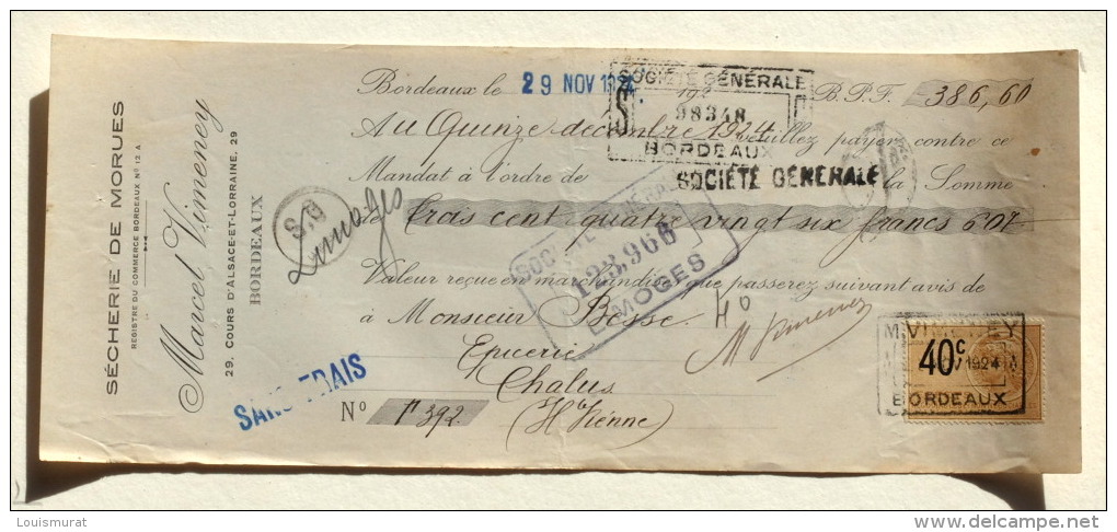 Lettre De Change - Bordeaux Gironde - Marcel Vimeney Secherie De Morues 29 Cours D'Alsace Lorraine - Bills Of Exchange