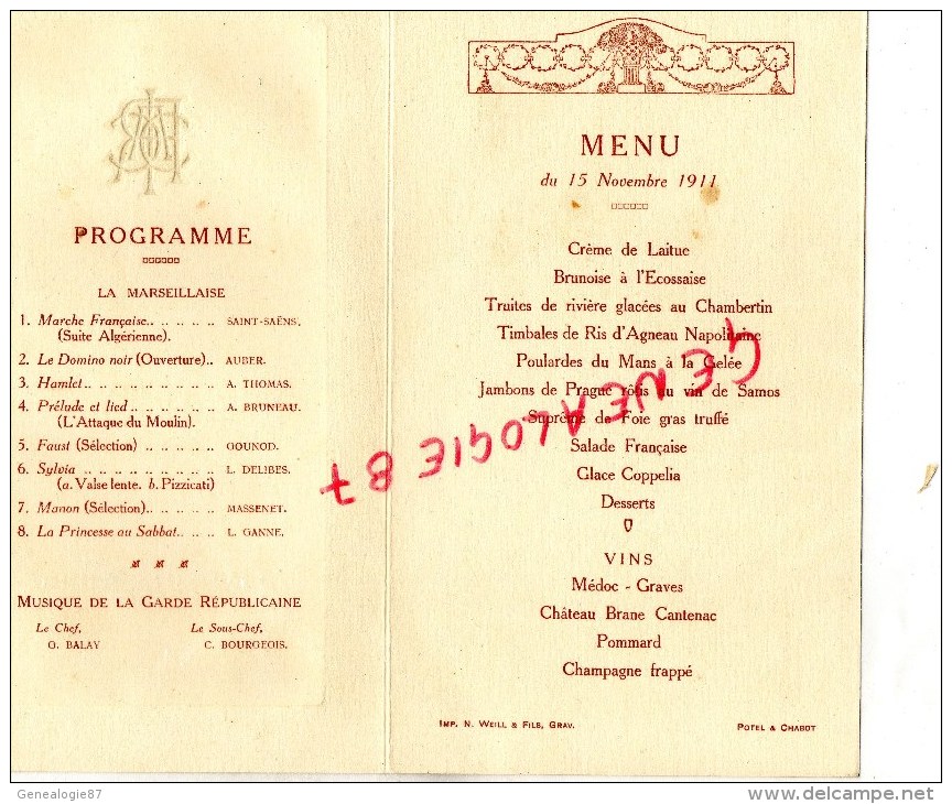 75- PARIS - RARE MENU  COMITE REPUBLICAIN COMMERCE INDUSTRIE AGRICULTURE- M. CAILLAUX MINISTRE-PDT CONSEIL-1911- - Menú