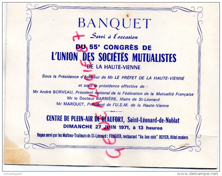 87 - SAINT LEONARD DE NOBLAT - BEAU MENU 55E CONGRES UNION SOCIETES MUTUALISTES- BEAUFORT-1971 FRUGIER AU BON COIN ROYER - Menus