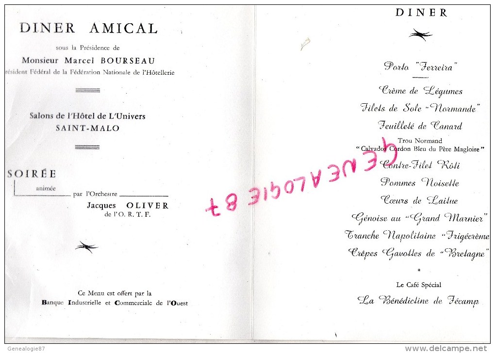 35 - SAINT MALO- BEAU MENU CHAMBRE PROFESSIONNELLE INDUSTRIE HOTELIERE- 1966-HOTEL L' UNIVERS- MARCEL BOURSEAU - Menú