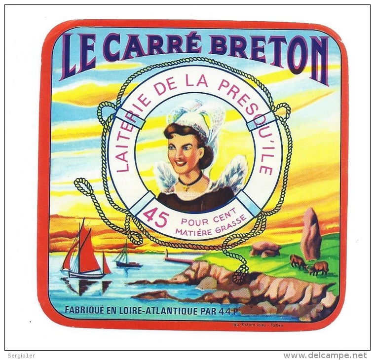 Ancienne étiquette Fromage Le Carré Breton Laiterie D Ela Presquile  Bouée Visage Femme - Fromage