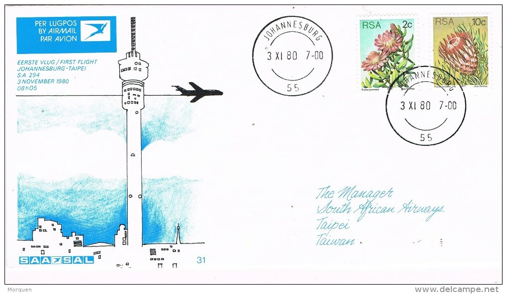 9887. Carta JOHANNESBURH (south Africa) 1980. First Flight To Taipei - Storia Postale
