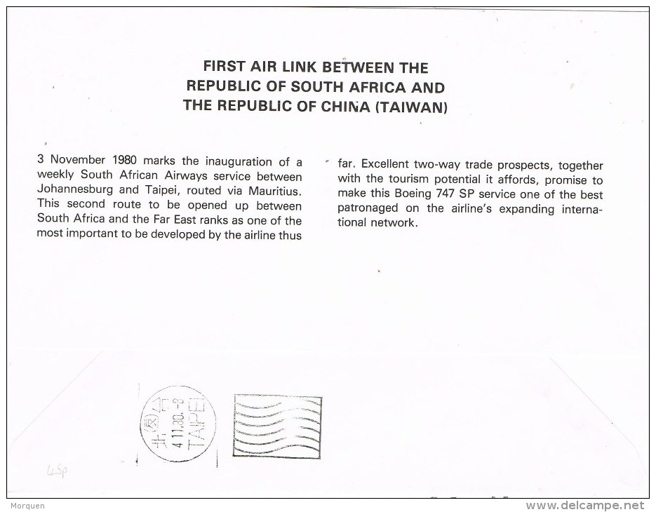 9887. Carta JOHANNESBURH (south Africa) 1980. First Flight To Taipei - Cartas & Documentos