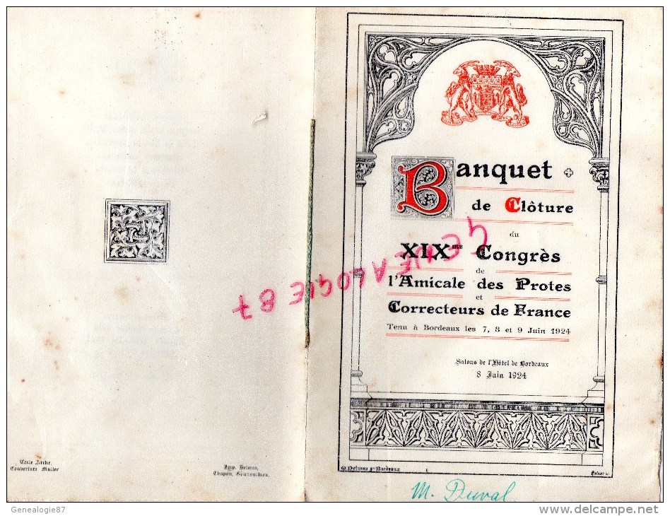 33 - BORDEAUX - MENU BANQUET DE CLOTURE DU XIXE CONGRES AMICALE DES PROTES ET CORRECTEURS DE FRANCE-1924- M. DUVAL - Menükarten
