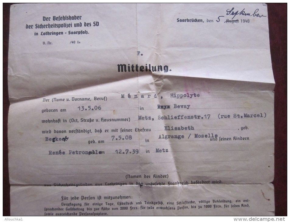 Militaria Guerre 39/45 MITTEILUNG Saarbrucken 5 Sept 1940  D'ordres De Mission Type De Transport Allemand Zdeone Occupée - Documenti