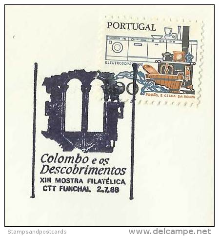 Portugal Cachet Commémoratif Expo Philatelique Colomb Colombo Funchal Madère 1988 Event Pmk Columbus Madeira - Sellados Mecánicos ( Publicitario)
