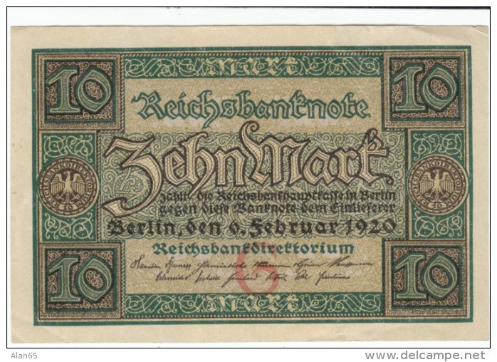 Germany #67a, 10 Mark 1920 Banknote Currency - 10 Mark