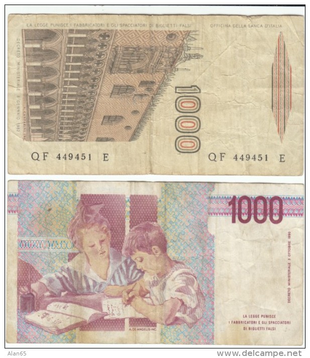 Italy #109b &amp; #114a, 1000 Lire 1982 &amp; 1990 Banknotes Currency - 1000 Liras