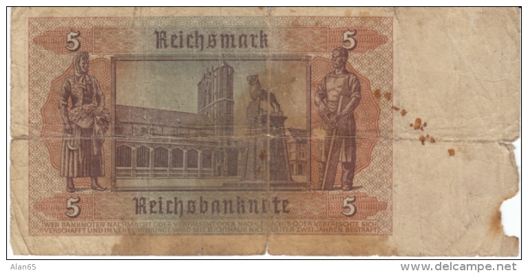 Germany #186, 5 Reichsmarks Banknote Currency - 5 Reichsmark