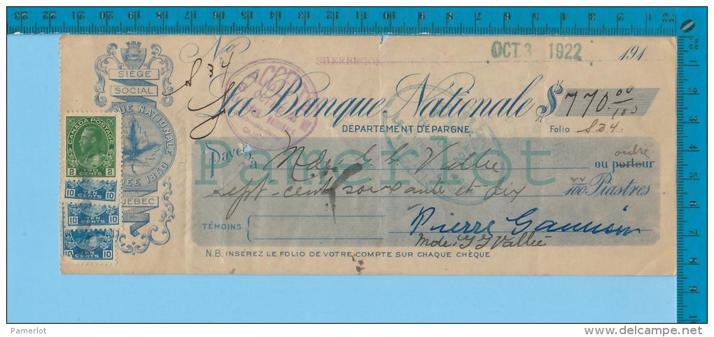 Sherbrooke Quebec Canada1922 Cheque $770.00 ( Banque Nationale #107  2cents, And 3 X  #117  Stamps Of 10 Cents  ) 2 Scan - Lettres & Documents