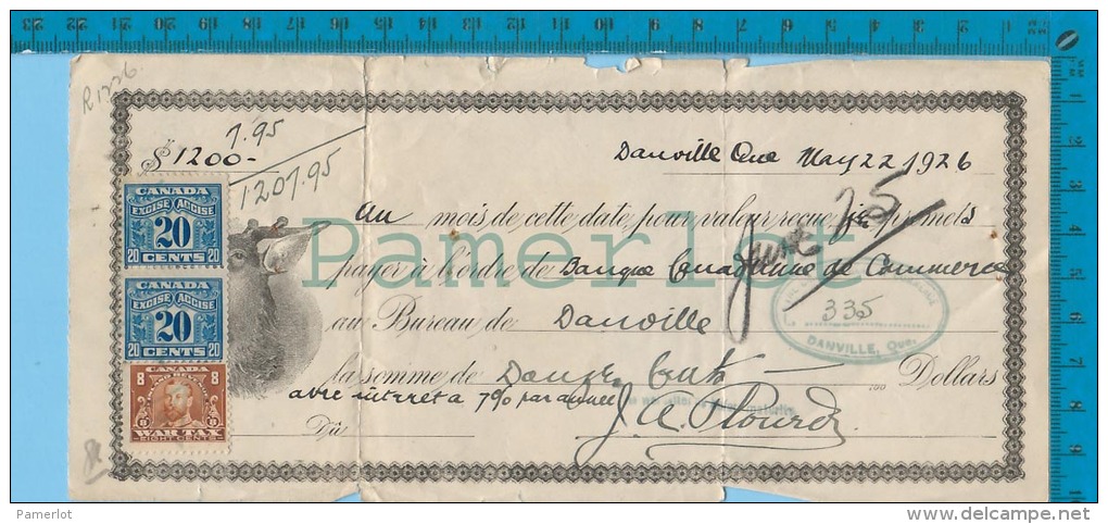 Danville  Quebec 1926 Cheque $1200 (Pay To The Order + War Tax FWT12 8 Cents,  And 2 X FX43 20 Cents ) 2 Scan - Cheques & Traveler's Cheques