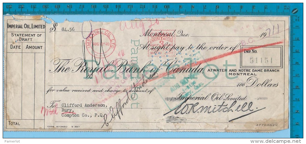 Montreal Quebec1940 Cheque $84.56 (Imperial Oil With A MeterTaxe Stamp Of 3 Cents  ) 2 Scan - Cheques & Traveler's Cheques