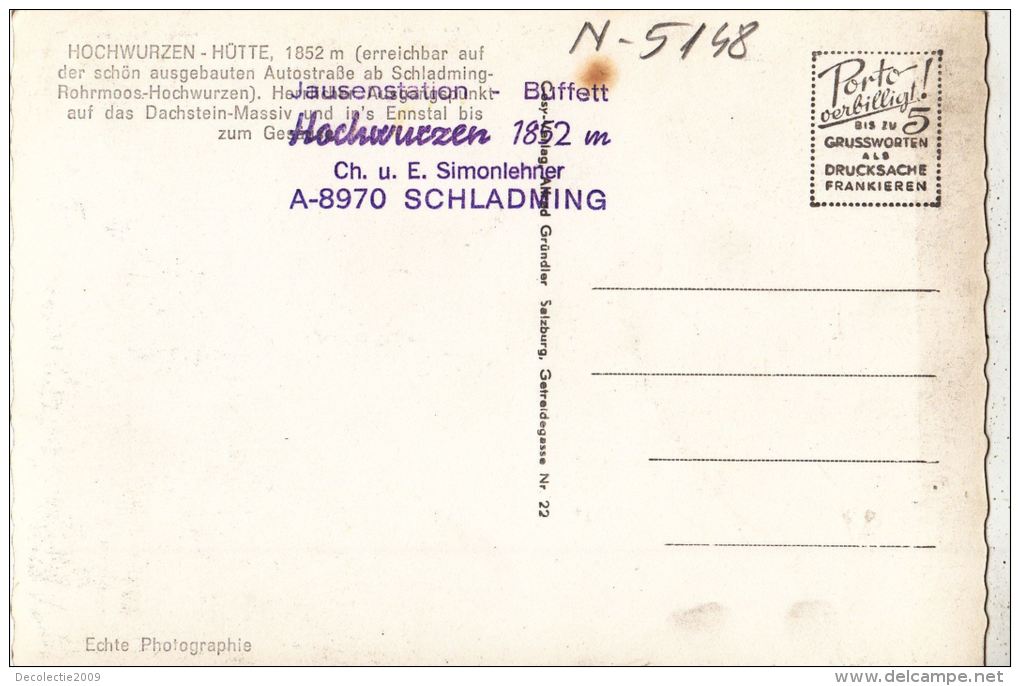 N5148 Steiermark Austria Hochwurzen Hutte Schladming  Front/back Image - Schladming