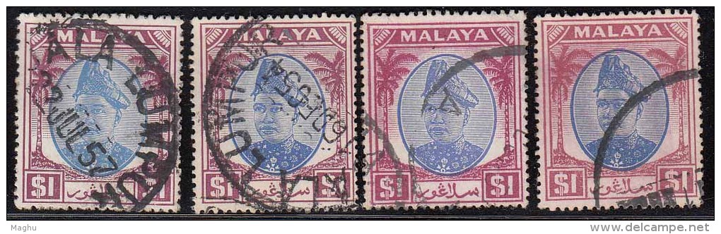 4 Diff., Colour / Shade Variety ?????, $1.00 Used Selangor 1949 - Selangor