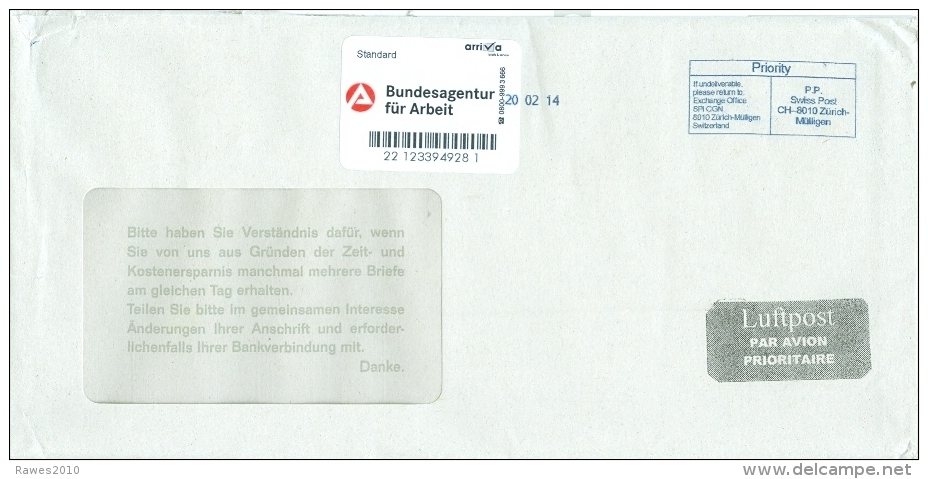 BRD Nürnberg Privatpost Arriva Bundesagentur Für Arbeit Label + Schweiz Mülligen P.P. Luftpostbrief - Cartas & Documentos