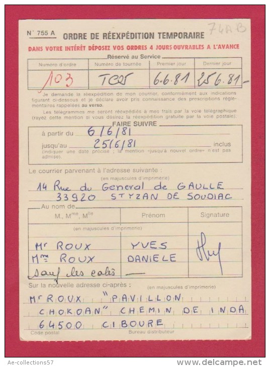 Ordre De Réexpédition  De St Savin  //   Pour St Yzan De Soudiac  //   1981 - Postdokumente