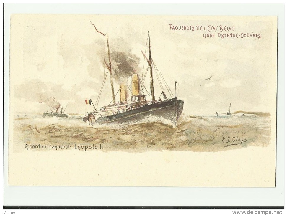 Oostende  *   A Bord Du Paquebot  De L'Etat Belge, Ligne Ostende - Douvres  - Léopold II  (P.J. Clays) 10 Ct. - Liner Cards