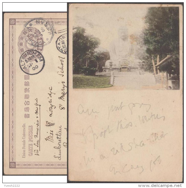 Japon 1900. Entier Postal, Statue Du Grand Bouddha De Kamakura. Yokohama à Wantage Et Altrincham - Buddhismus