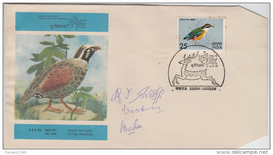 India  1975  Mountain Quail  Deer Cancellation Special Cover Signed By Exhibition Judges # 83310  Inde Indien - Songbirds & Tree Dwellers