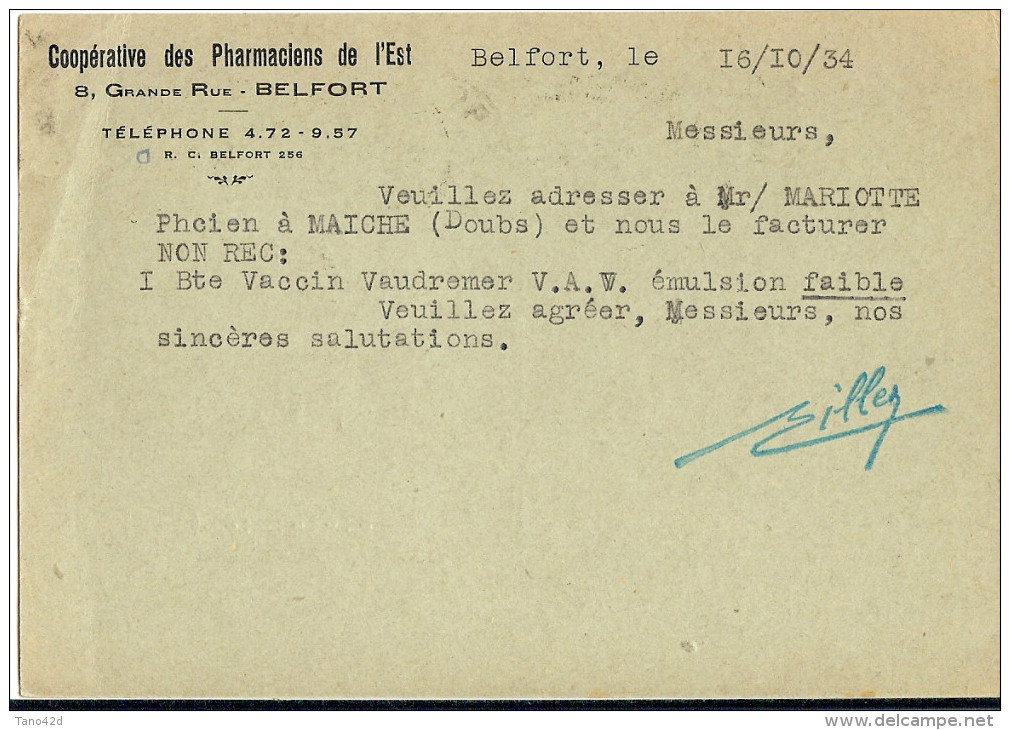 LPF4 - EP CP PAIX 40c REPIQUAGE "PHARMACIENS DE L'EST" BELFORT / PARIS 16 OCTOBRE 1934 - Overprinter Postcards (before 1995)