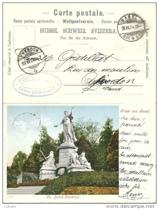 AK  "Gruss Aus Basel"  (Eidg. Kriegs-Commissariat)          1904 - Postmarks