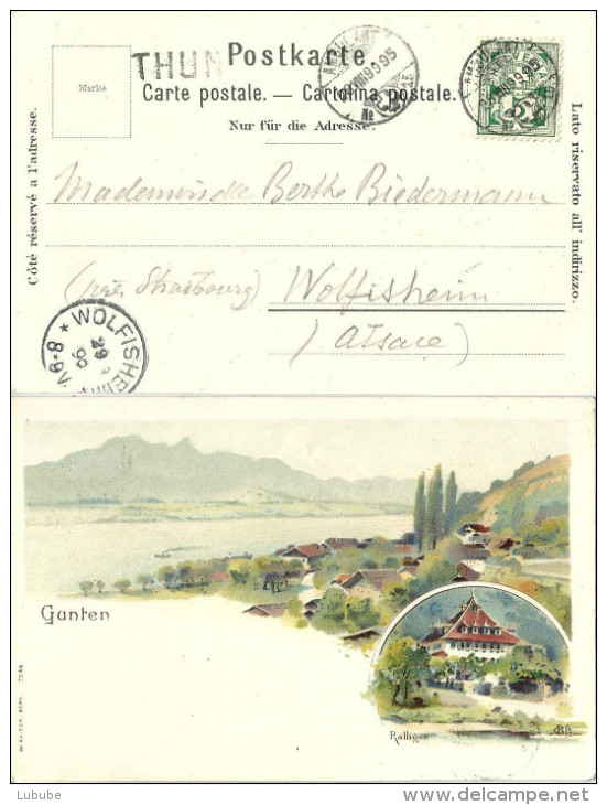 AK  "Gunten - Ralligen (Farblitho)"  (Stabstempel THUN) - Wolfisheim Elsass        1899 - Bahnwesen