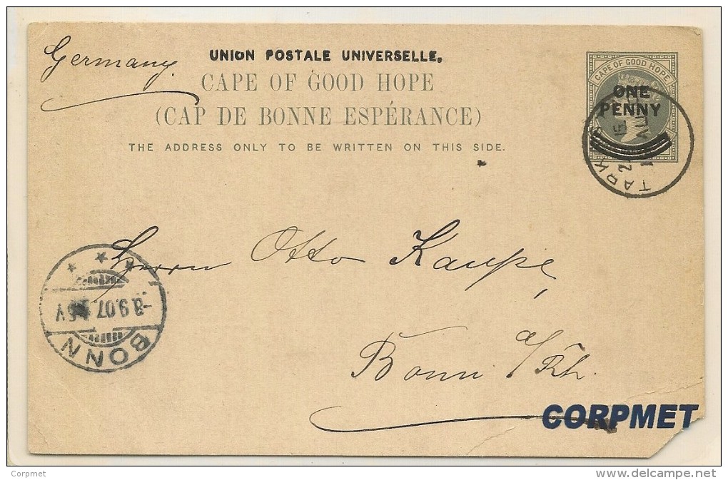 CAPE OF GOOD HOPE 1907  Surchargé 1d On 1 ½d' GREY QV UPU POST CARD Sent From  Tarkastad To BONN - Small Corner Missing - Cap De Bonne Espérance (1853-1904)
