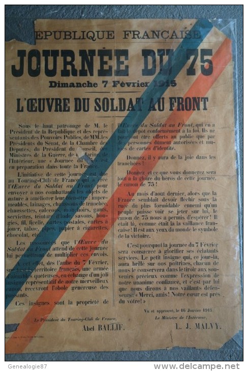 GUERRE 1914-1918- RARE AFFICHE JOURNEE DU 75- CANON- DIMANCHE 7 FEVRIER 1915- L' OEUVRE DU SOLDAT AU FRONT-MALVY - Affiches