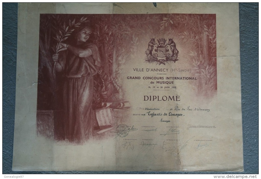 74 - ANNECY - 87 - LIMOGES- BEAU DIPLOME PRIX DU LAC D' ANNECY- CONCOURS MUSIQUE-1938- ENFANTS DE LIMOGES - Diploma & School Reports