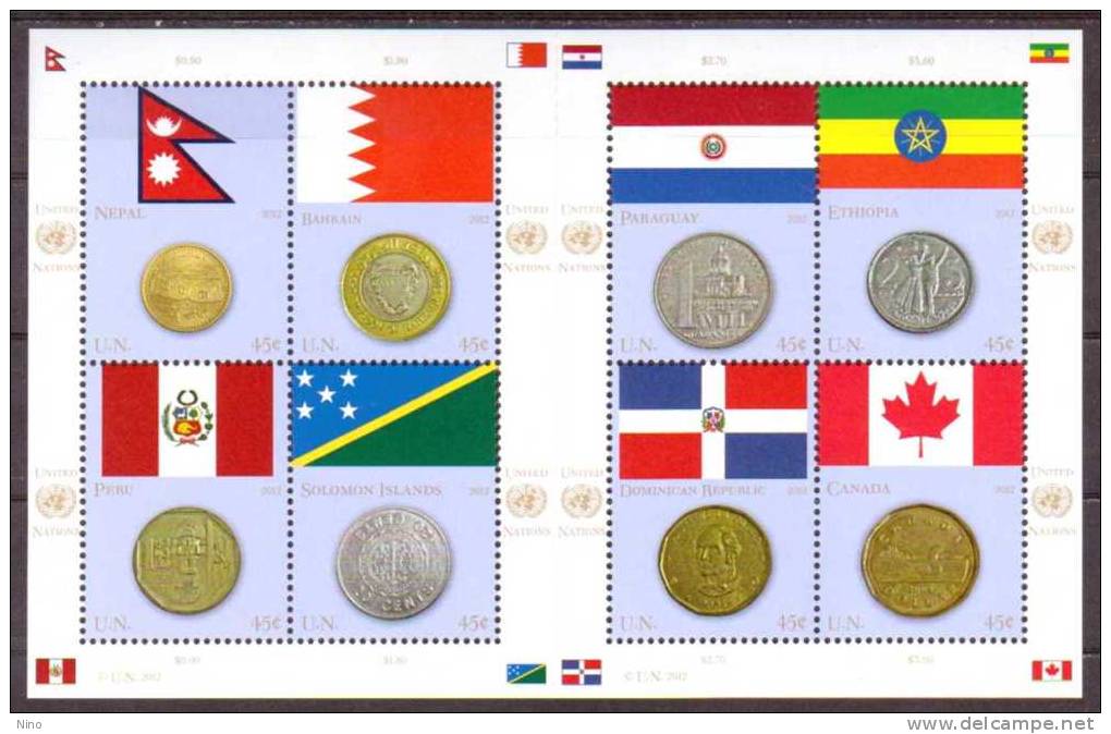 UN-New York. Scott # 1039a-h, MNH Sheetlet  Of 8. Coin & Flags  2012 - Blocks & Kleinbögen