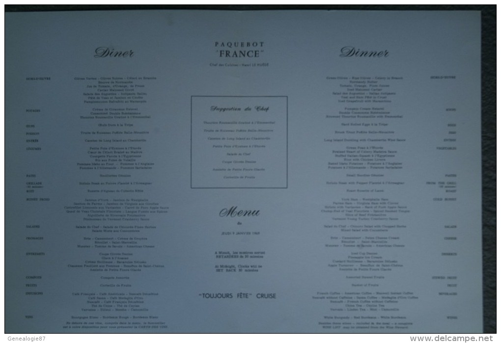 BEAU MENU PAQUEBOT FRANCE- 1969- ILLUSTRATEUR JEAN MERCIER-   CGT TRANSATLANTIQUE - Menus