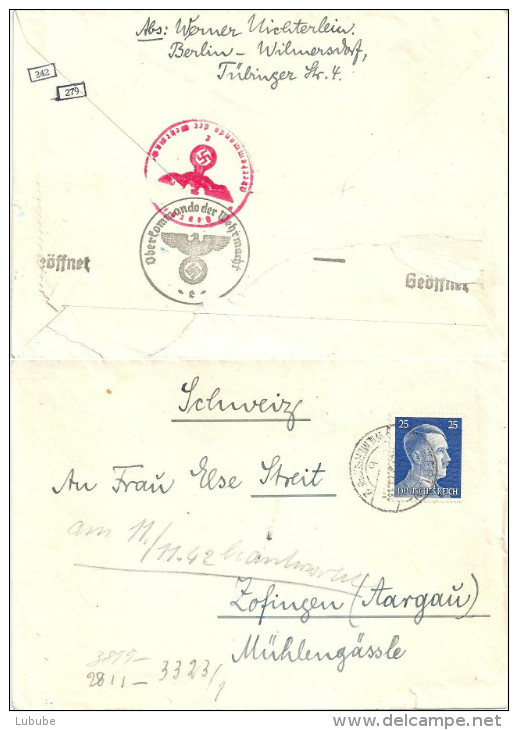 Zensur Brief  Berlin Wilmersdorf - Zofingen       1942 - Cartas & Documentos