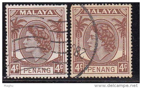 4c Xc 2 Colour Variety,  Penang Used 1954,  Diffinitive Of QE,  Malaya - Penang