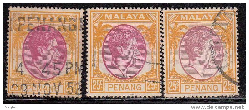 25c Xc 3 Colour Variety,  Penang Used 1949,  Diffinitive Of KG VI,  Malaya - Penang