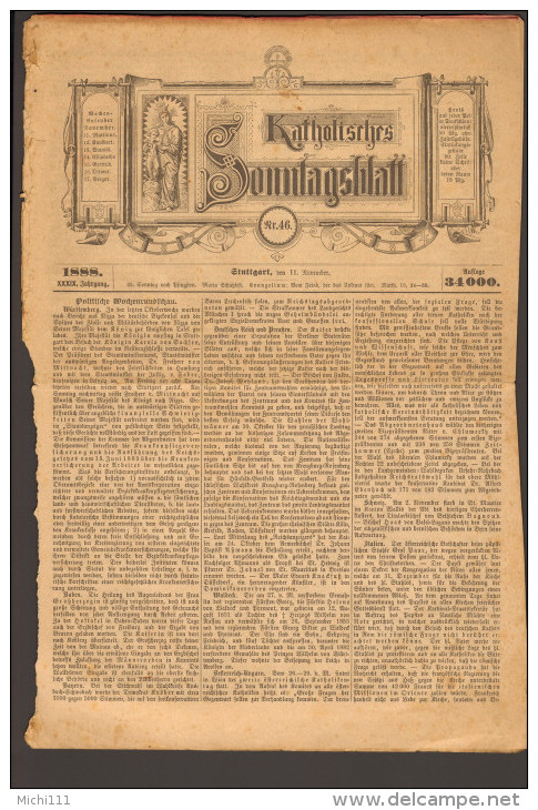 Katholisches Sonntagsblatt Von 1888 Nr.46 Aus Stuttgart (letzte Seite Fehlt) Auflage 34.000 Stück - Christianisme