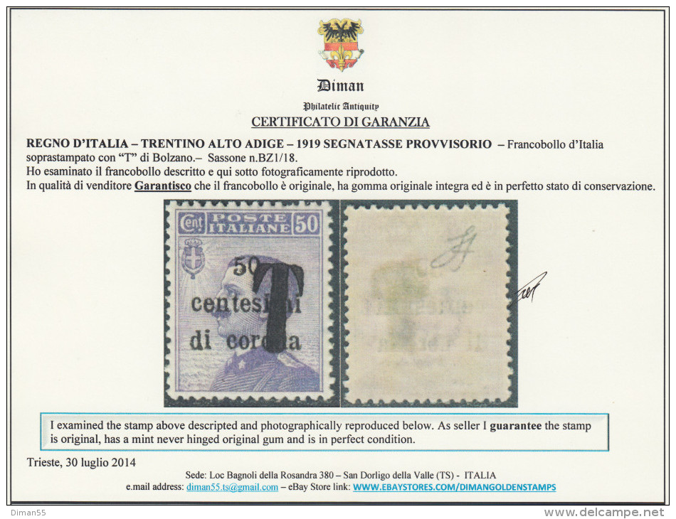 ITALIA - TRENTINO - Sass BZ1/ 18 - Cv 188 Euro - CERTIFICATO+ Firmato - Gomma Integra - MNH** - Trento