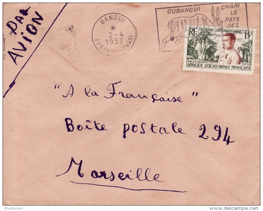 BANGUI OUBANGUI CHARI AFRIQUE COLONIE FRANCAISE LETTRE AVION VIA FRANCE LIEUTENANT GOUVERNEUR CUREAU FLAMME MARCOPHILIE - Storia Postale