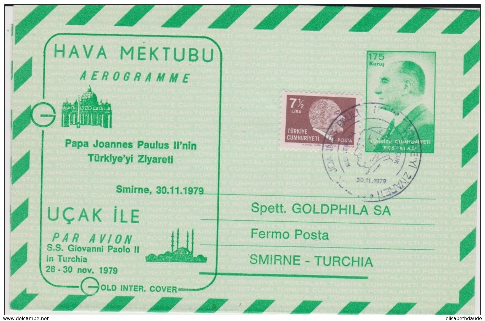 TURQUIE - 1979 - AEROGRAMME REPIQUAGE VISITE DU PAPE JEAN-PAUL II - Postal Stationery