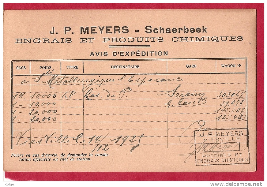 BR-6706  J.P.MEYERS  PRODUITS ET ENGRAIS CHIMIQUES    Vertrekstempel  VIESVILLE Aankomststempel  ---- - 1915-1920 Alberto I