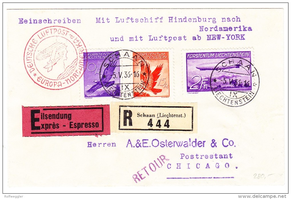 Nordamerika-Fahrt Luftschiff Hindenburg Express R-Brief Schaan Nach Chicago 5.V.36 Retour Kreuzlingen - Poste Aérienne